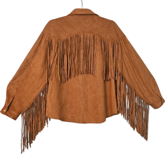 Jodifl Women's Brown Solid Fringed Faux Suede Button Down Size L - Picture 5 of 8